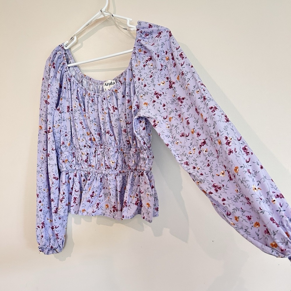 Arula Floral Purple Blouse Sz S Peasant Milkmaid Balloon Sleeve Cottagecore - Picture 2 of 10